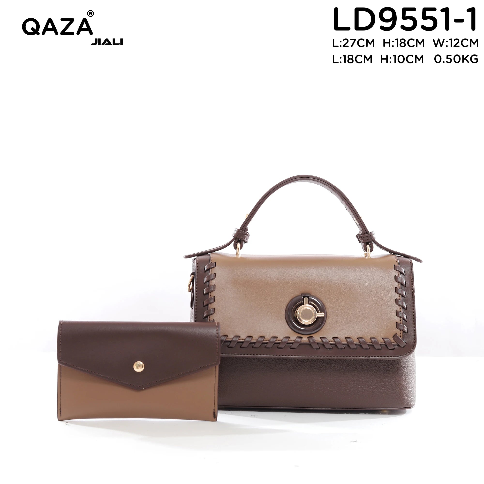 QAZA Women PU Leather Stitched Edge 2-in-1 Tote Shoulder Handbag Set