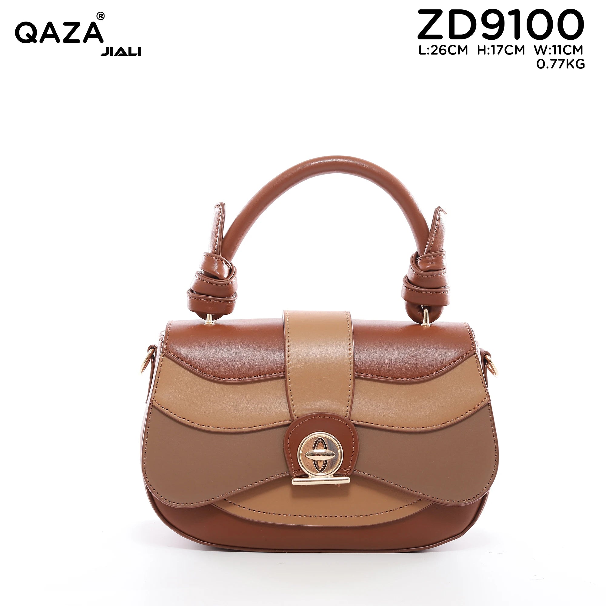 QAZA ZD9100 Women PU Leather Color Block Structured Tote Satchel Bag