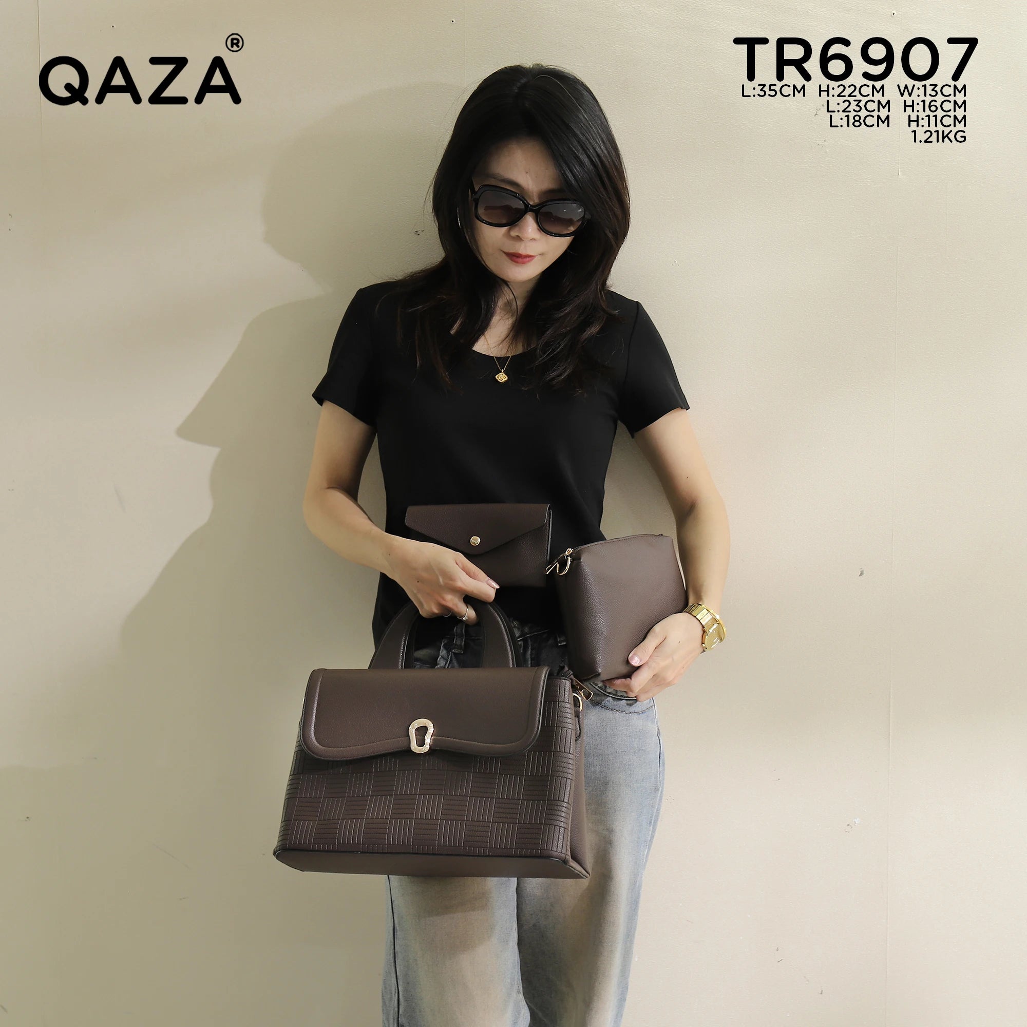QAZA TR6907 Women PU Leather Crocodile Woven Pattern Tote Bag Set