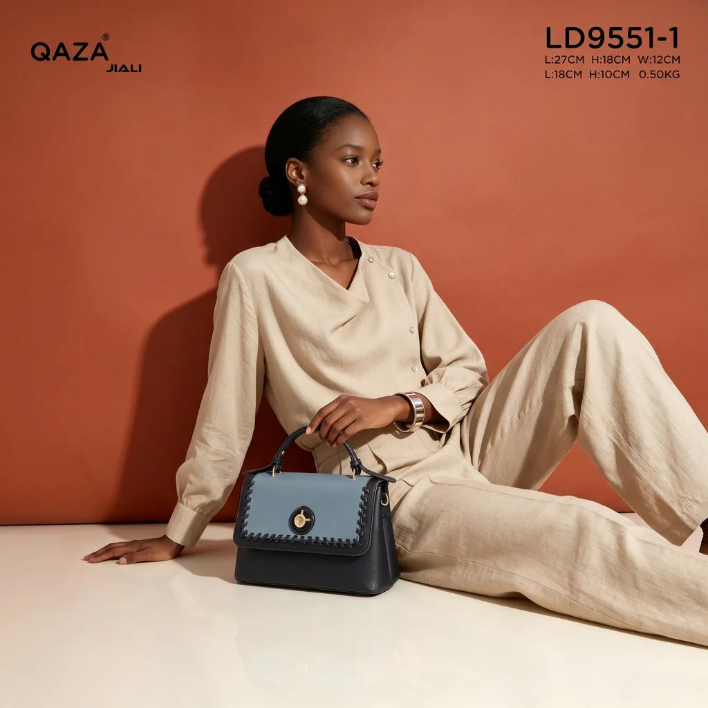 QAZA Women PU Leather Stitched Edge 2-in-1 Tote Shoulder Handbag Set