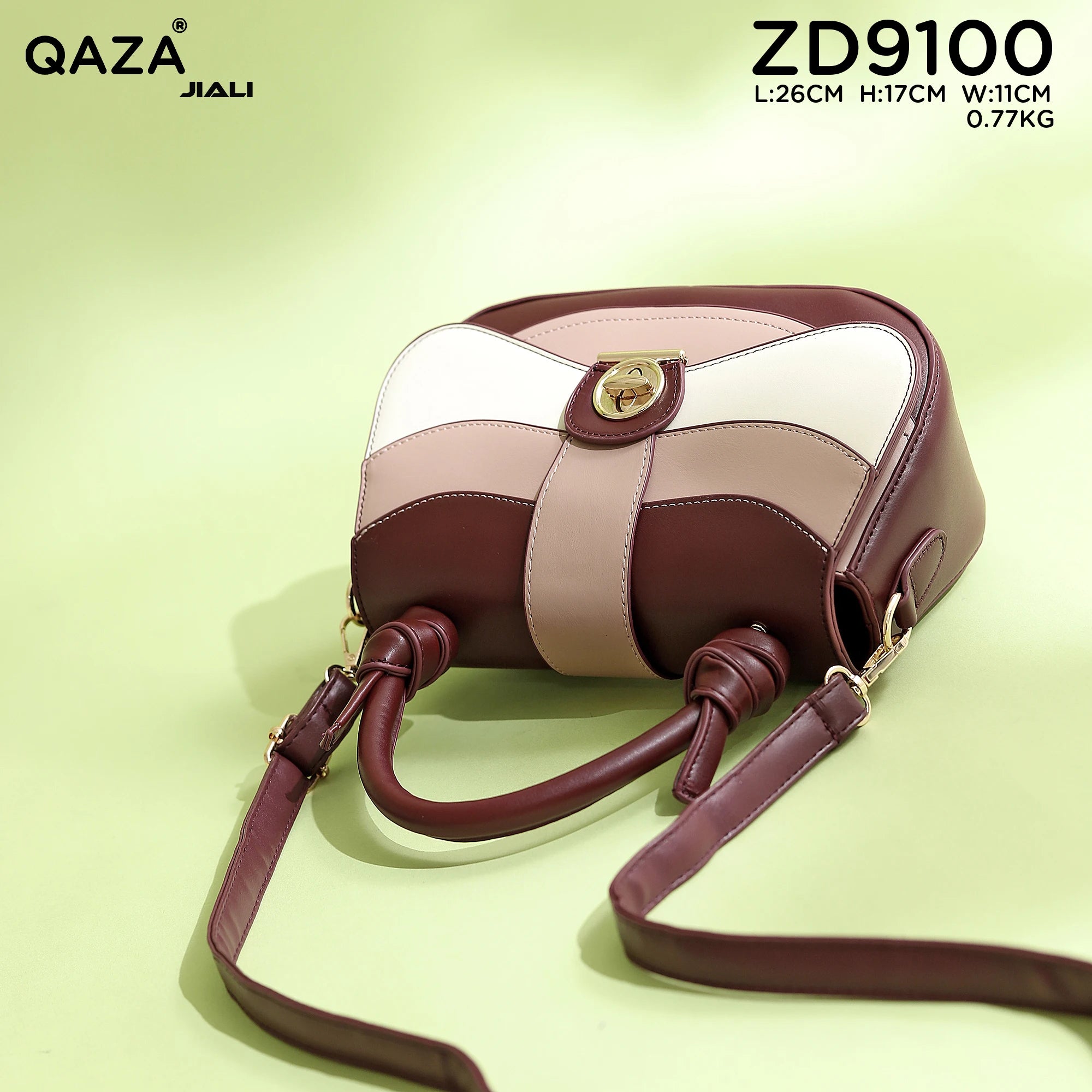 QAZA ZD9100 Women PU Leather Color Block Structured Tote Satchel Bag