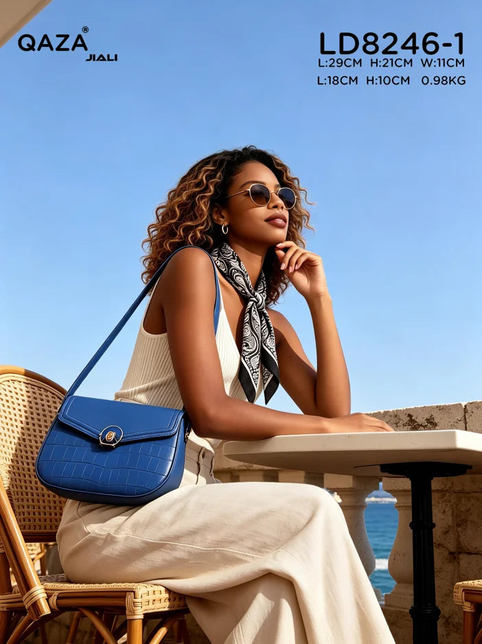 QAZA Women PU Leather Retro Crocodile Shoulder Handbag
