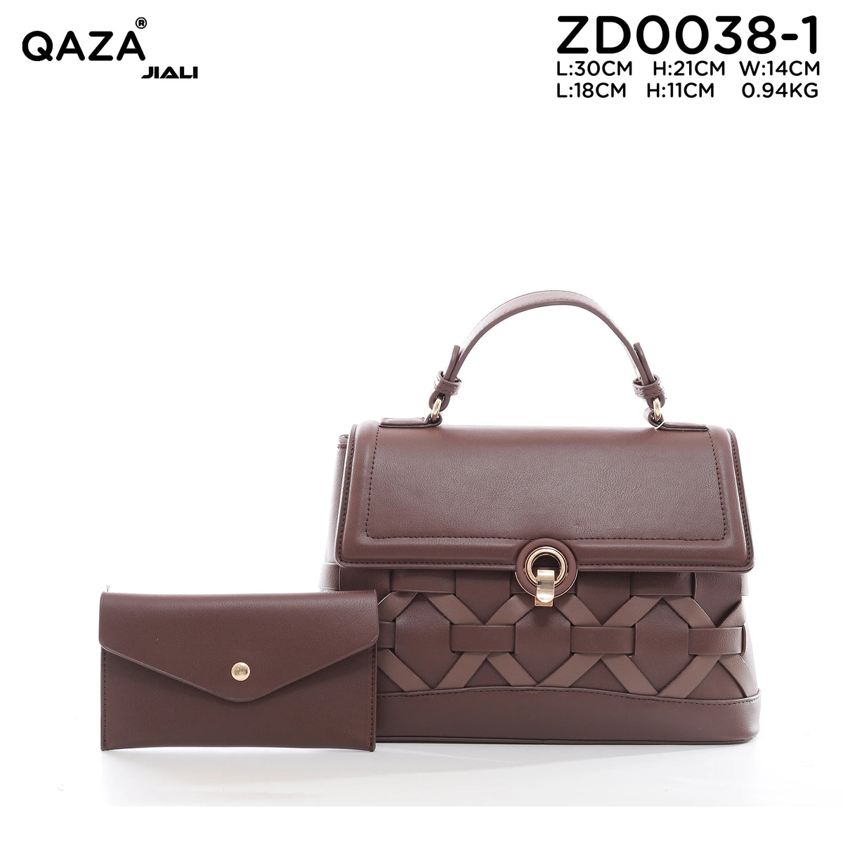 QAZA Women PU Leather Woven Grid 2-in-1 Tote Shoulder Handbag Set