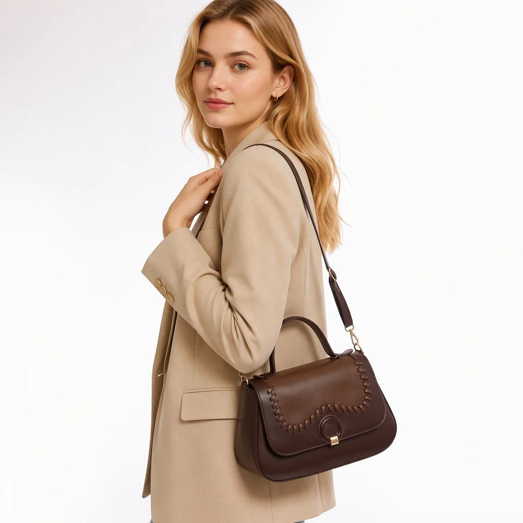 Women PU Leather Wave Whipstitch Flap Two-Tone Ring Lock Top Handle Crossbody Handbag Set