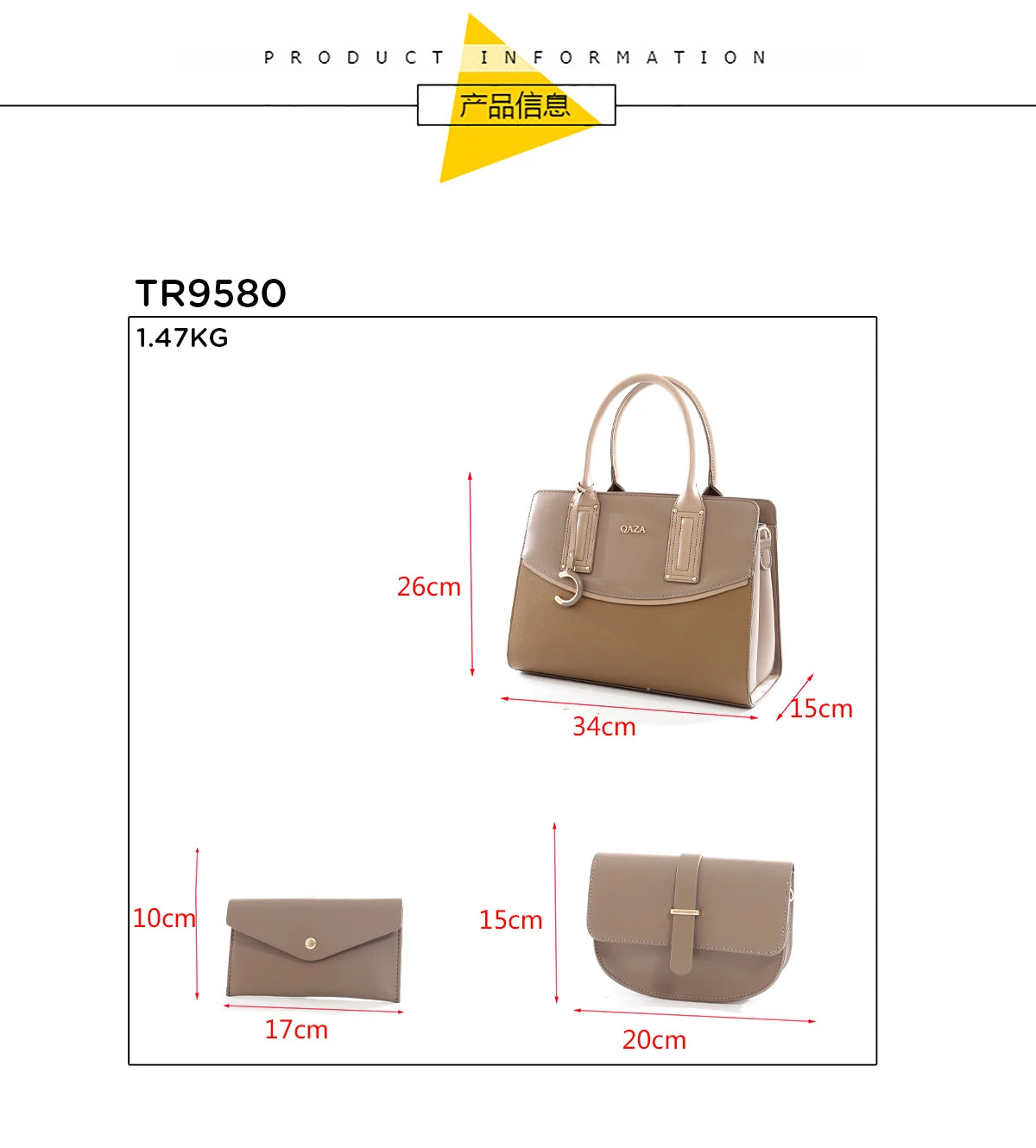 QAZA Women PU Leather 3-in-1 Color Block Tote Crossbody Purse Set