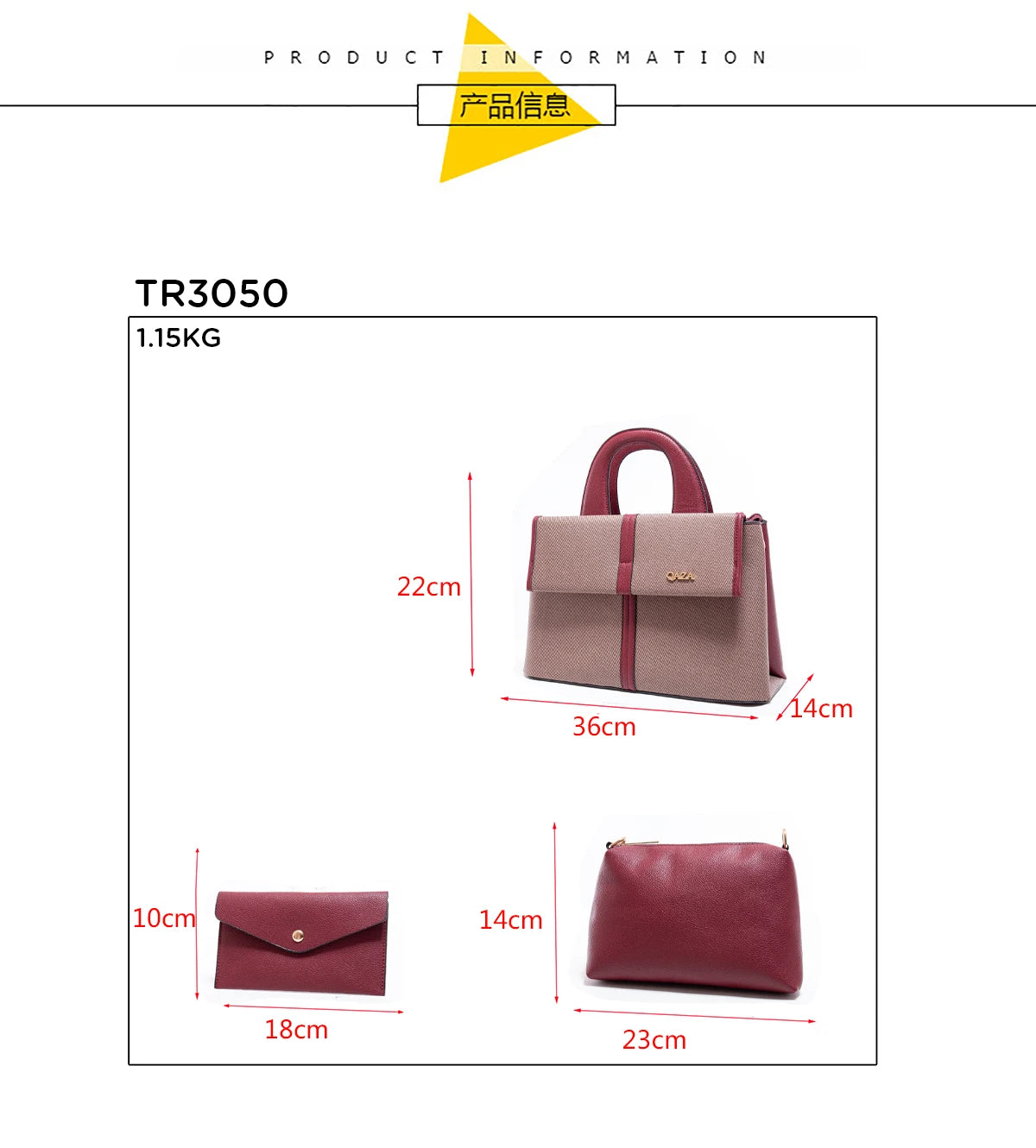 QAZA TR3050 Women PU Leather Crocodile Pattern Tote Bag Set