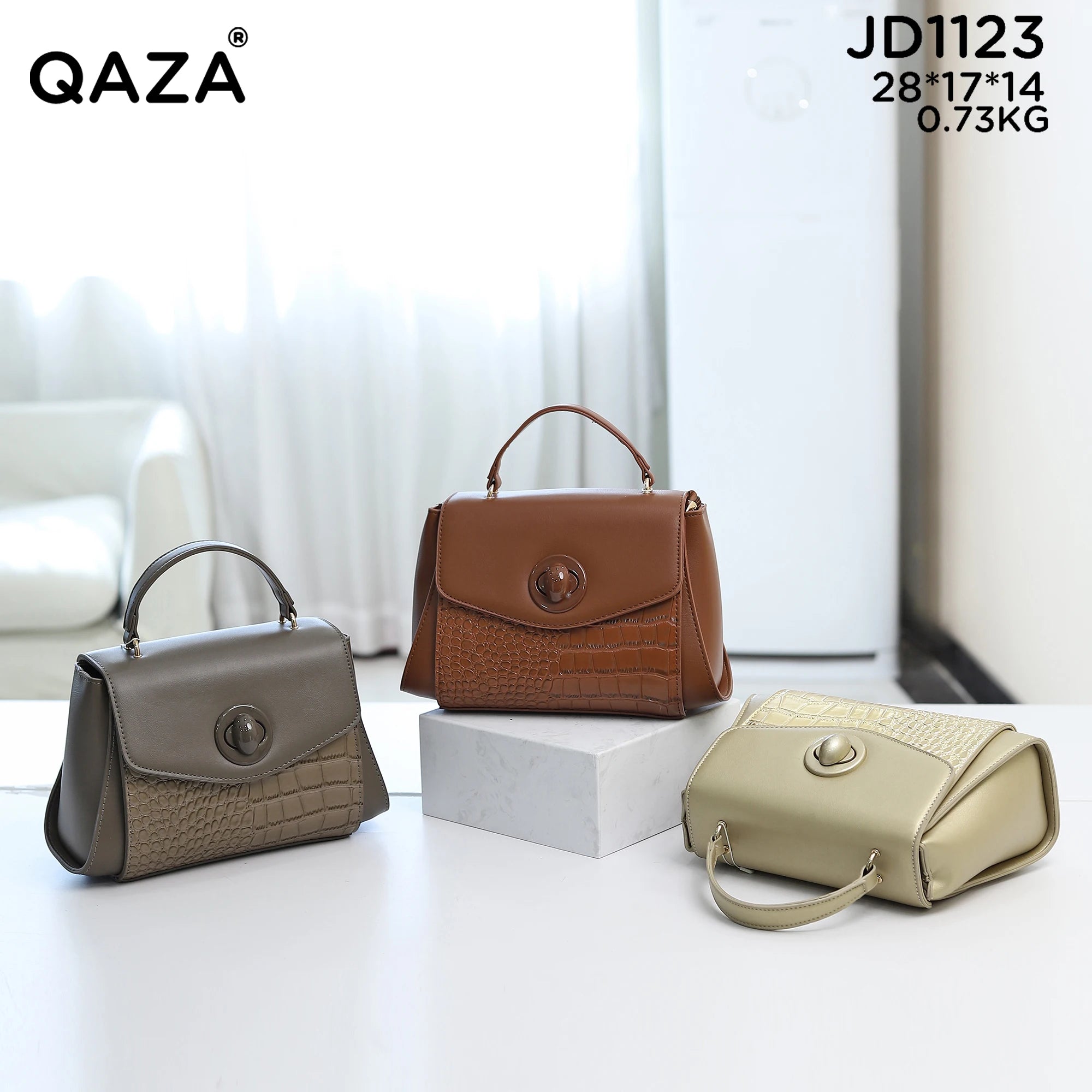 QAZA Women PU Leather Alligator Pattern Lock Tote Shoulder Bag