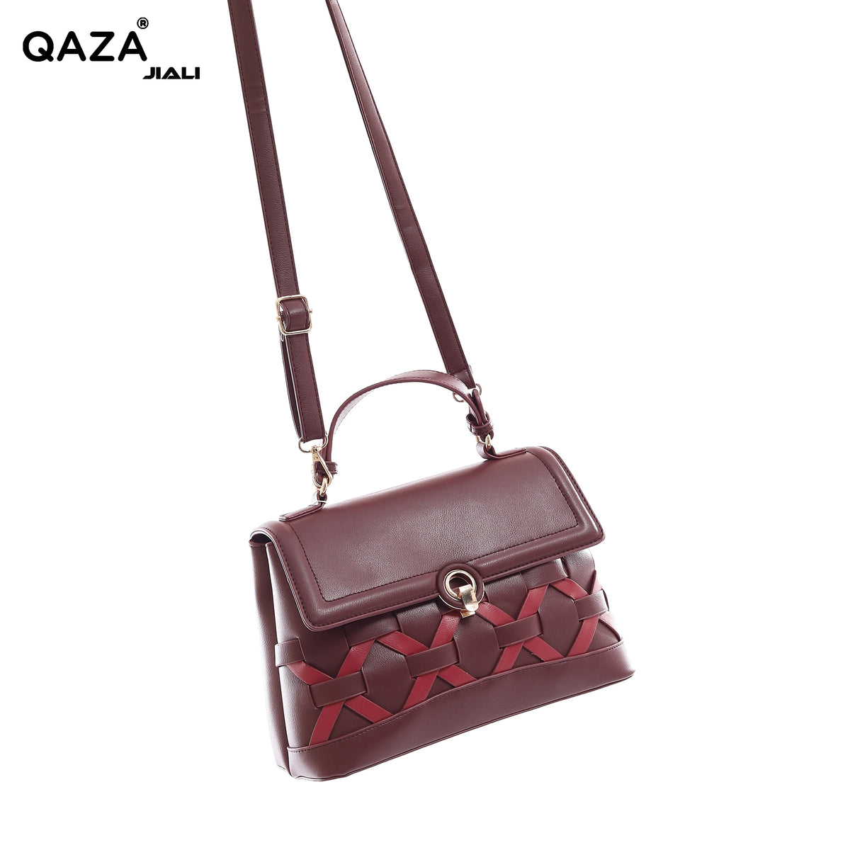 QAZA Women PU Leather Woven Grid 2-in-1 Tote Shoulder Handbag Set