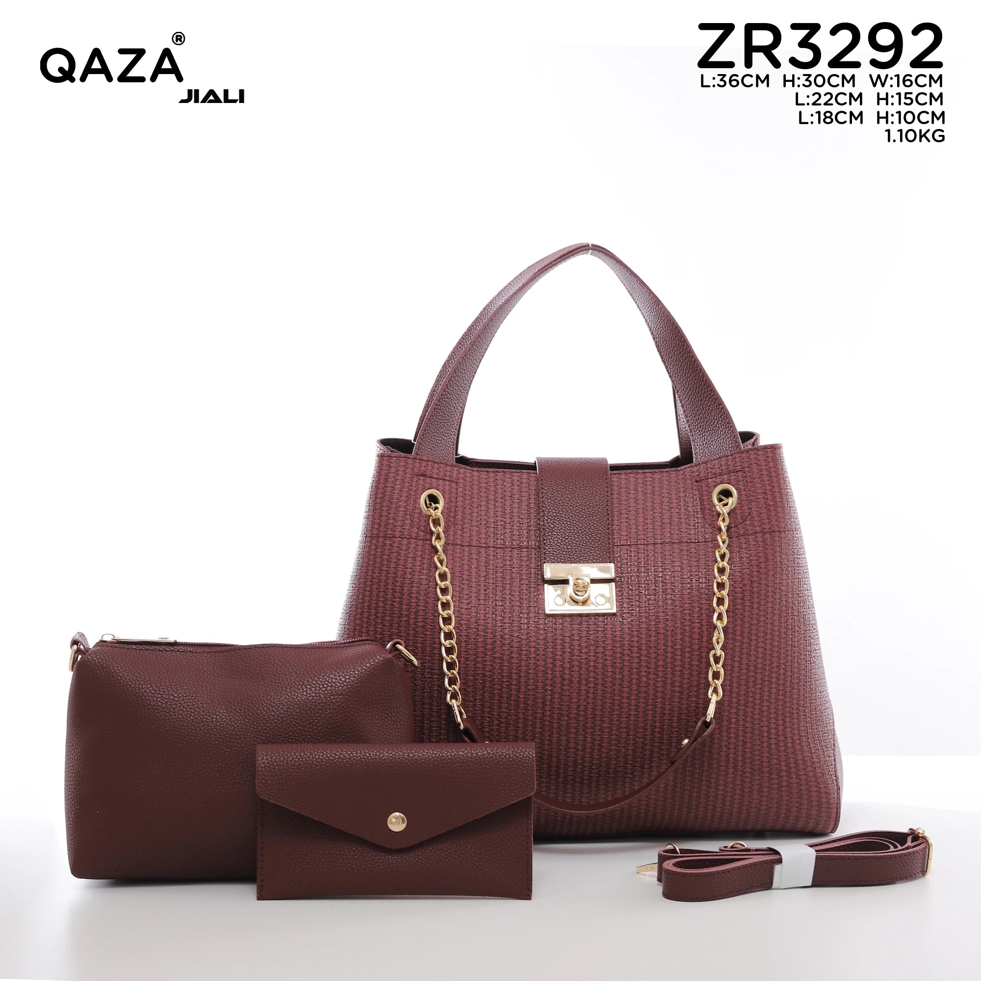 QAZA ZR3292 Women PU Leather 3-in-1 Tote Handbag Set