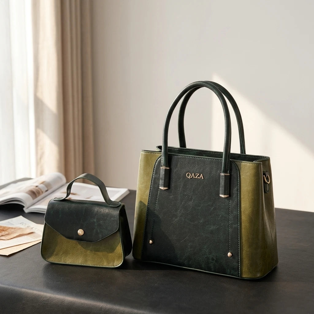 QAZA Women PU Leather 3-in-1 Triple Compartment Tote Handbag Set