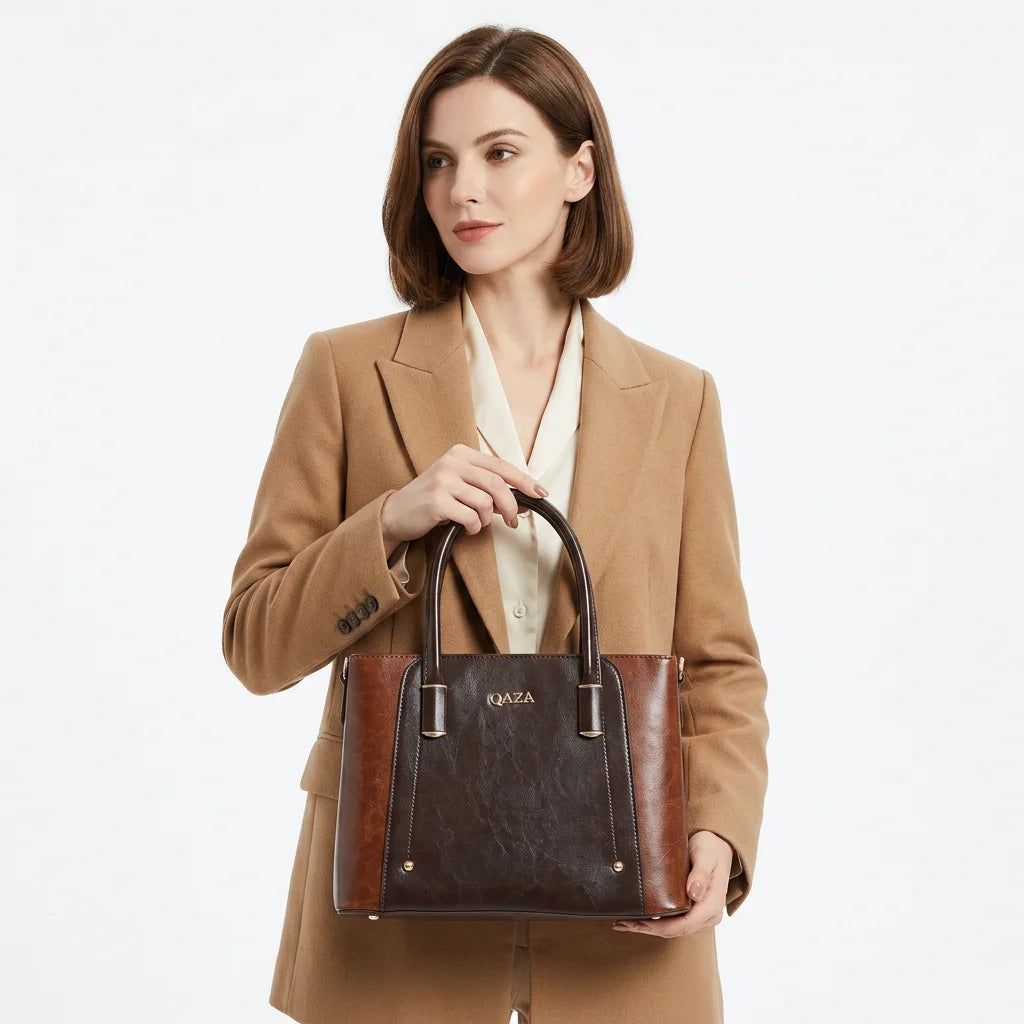 QAZA Women PU Leather 3-in-1 Triple Compartment Tote Handbag Set