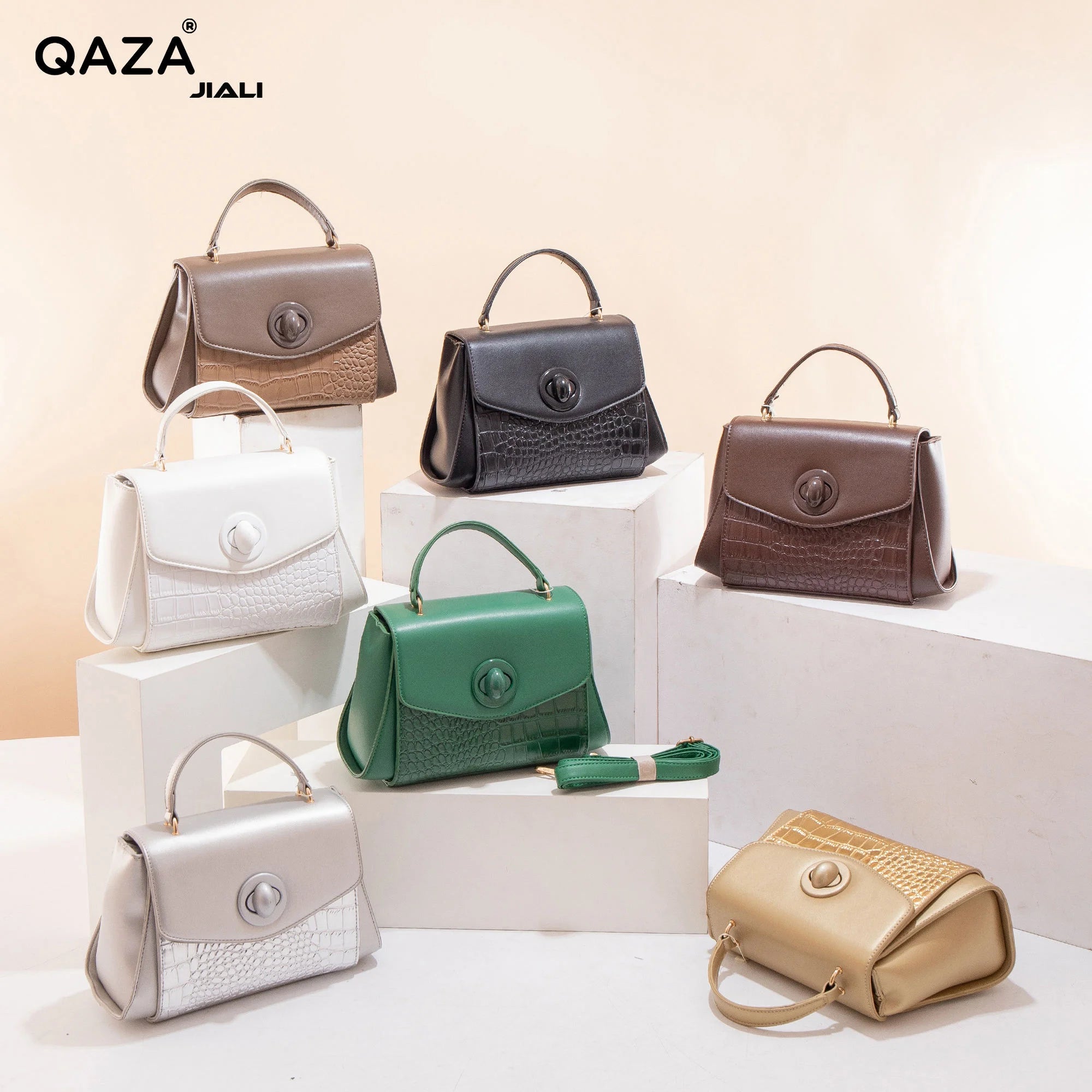 QAZA Women PU Leather Alligator Pattern Lock Tote Shoulder Bag