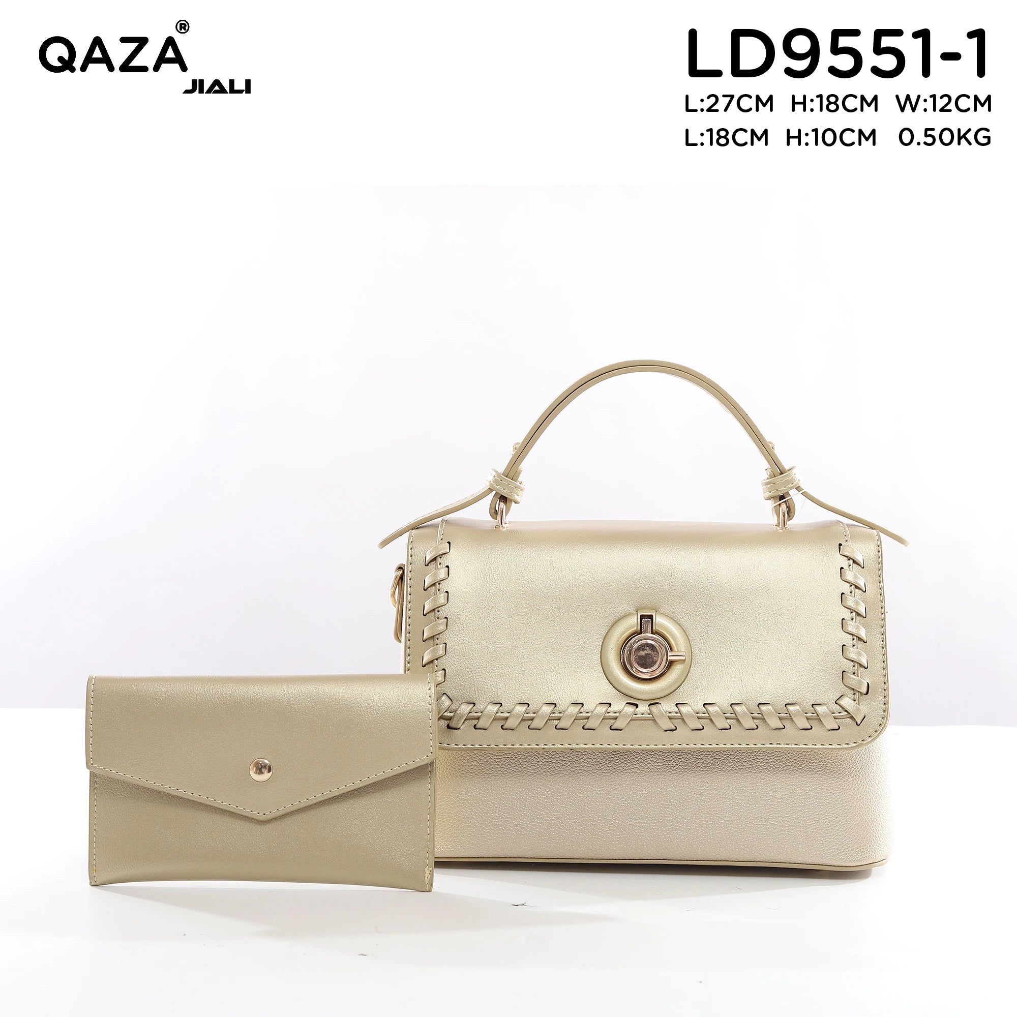 QAZA Women PU Leather Stitched Edge 2-in-1 Tote Shoulder Handbag Set