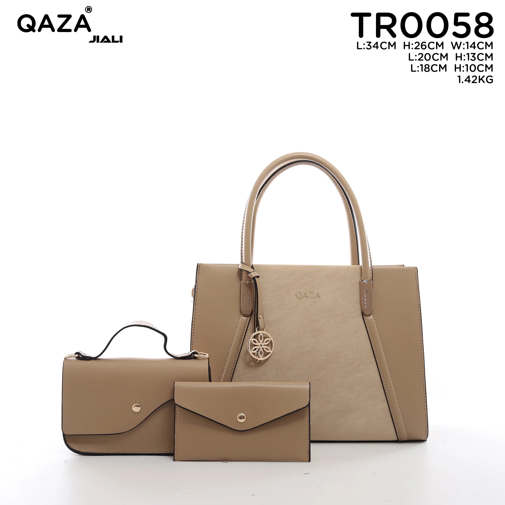 QAZA Women PU Leather 3-in-1 Contrast Color Tote Crossbody Purse Wallet Set