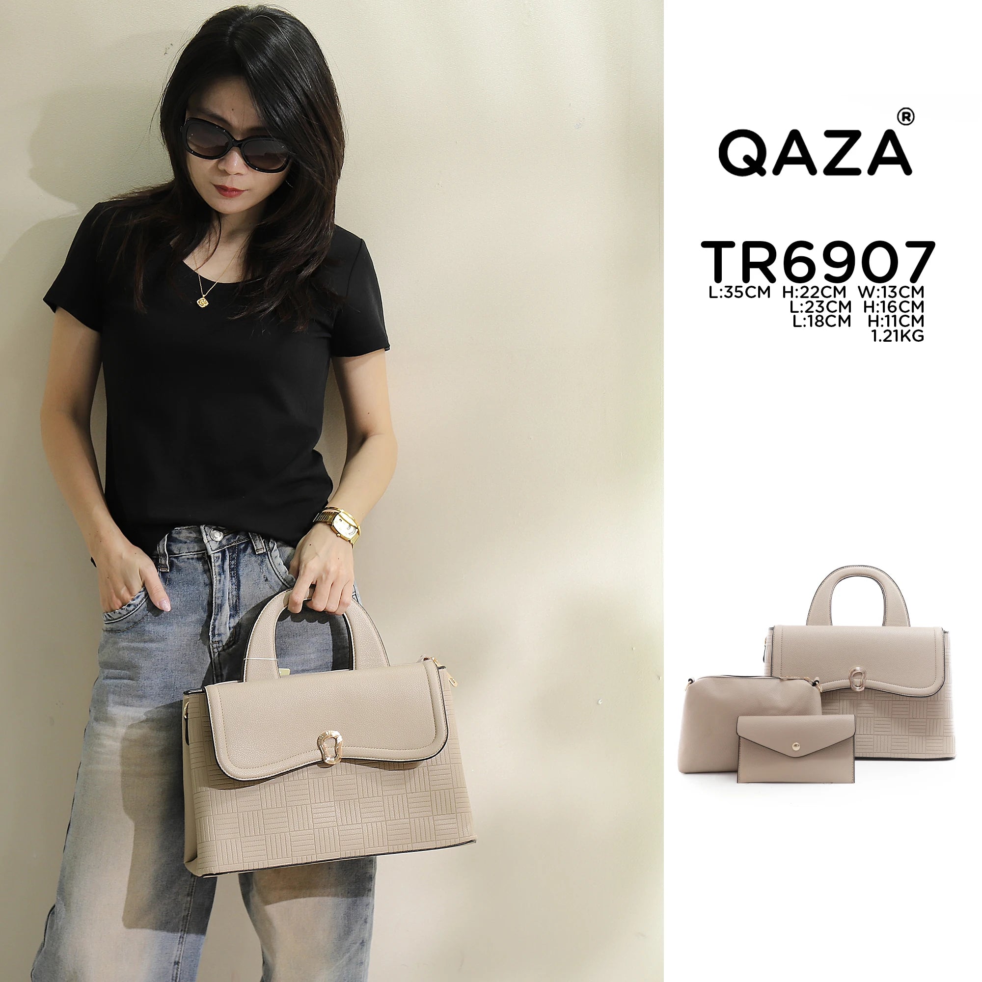 QAZA TR6907 Women PU Leather Crocodile Woven Pattern Tote Bag Set