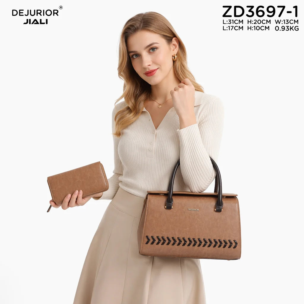 ZD3697-1 Women PU Leather Stitched Detail 2-Piece Tote Handbag Set