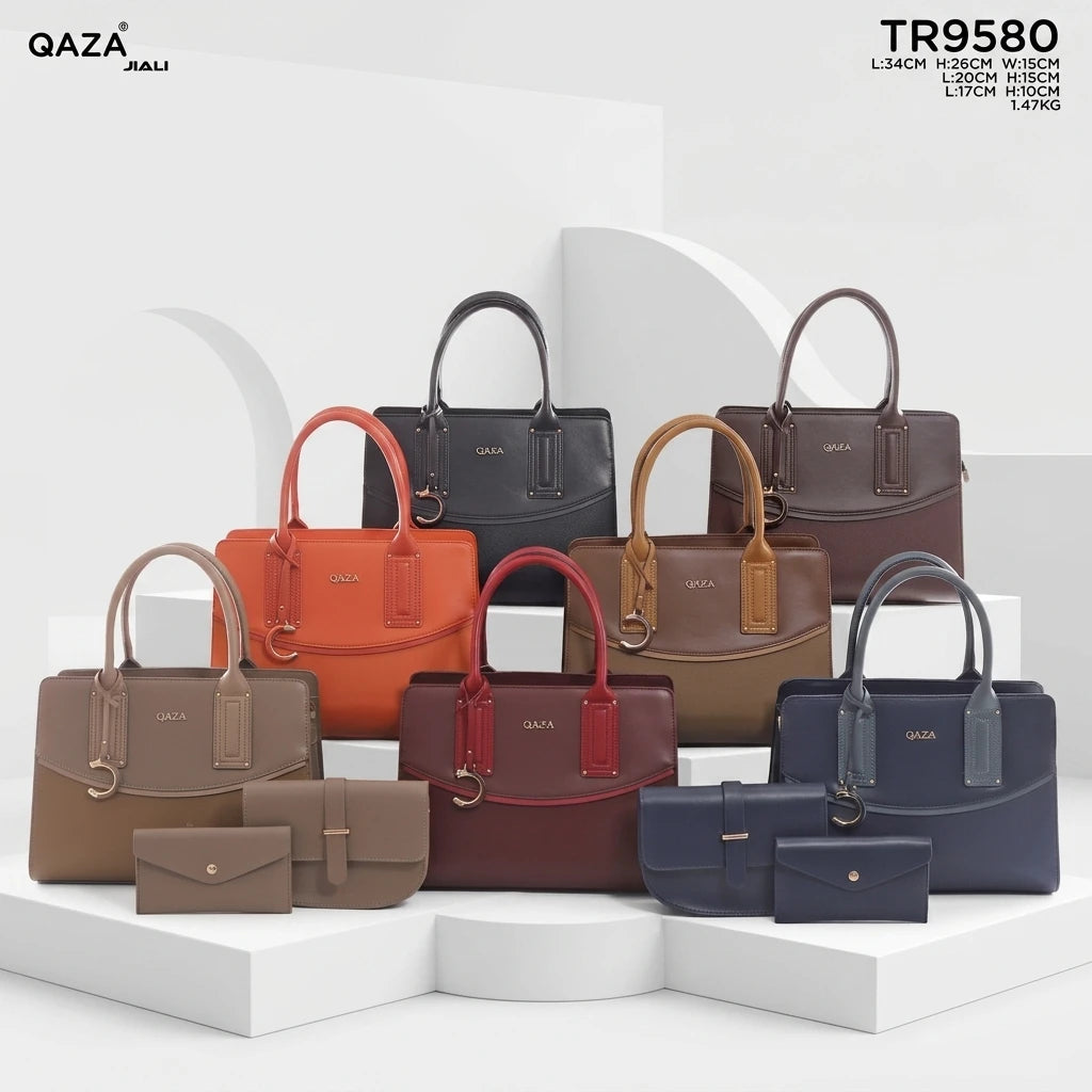 QAZA Women PU Leather 3-in-1 Color Block Tote Crossbody Purse Set