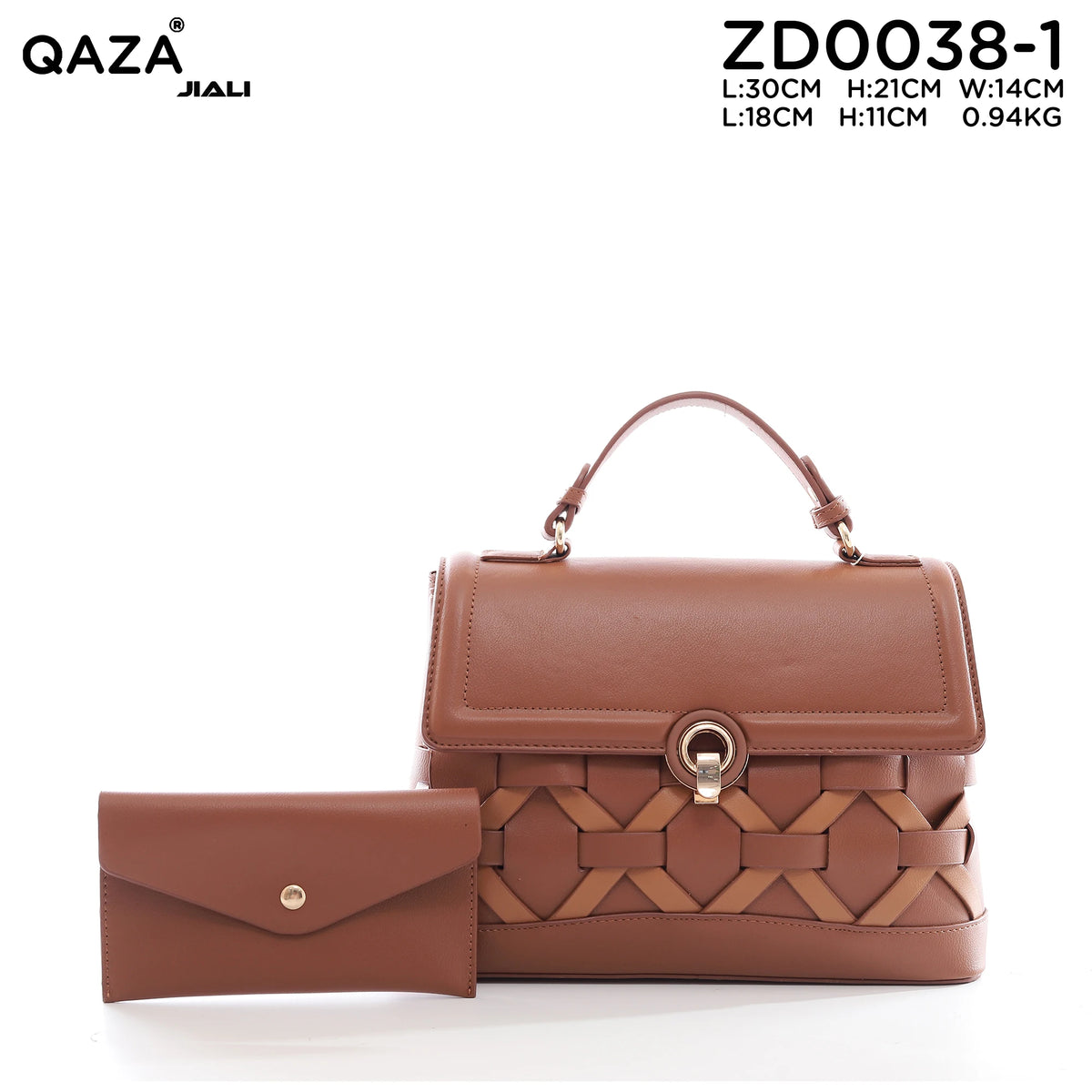 QAZA Women PU Leather Woven Grid 2-in-1 Tote Shoulder Handbag Set