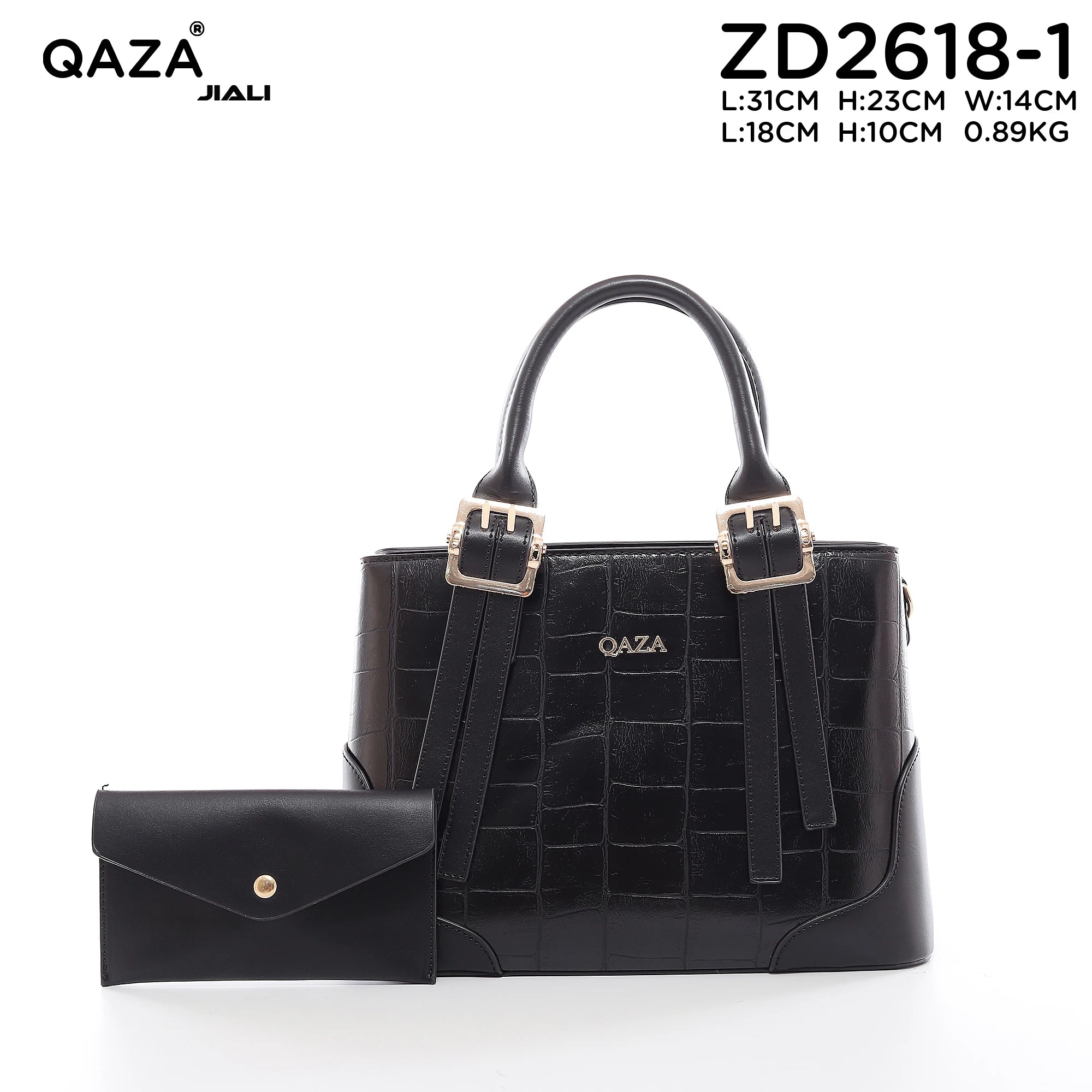 QAZA ZD2618-1 Women PU Crocodile Grain Leather Shoulder Bag Set With Long Wallet Vintage Gold Hardware Work Tote