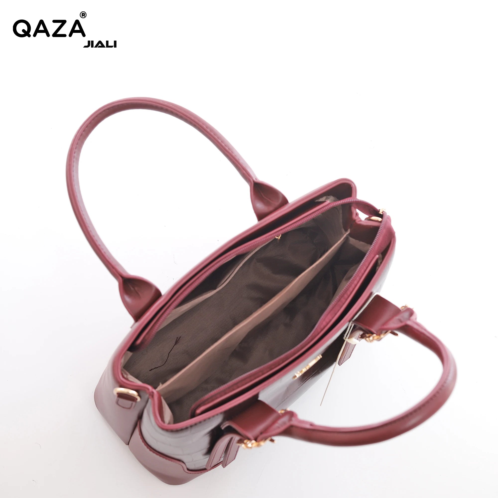 QAZA ZD9100 Women PU Leather Color Block Structured Tote Satchel Bag