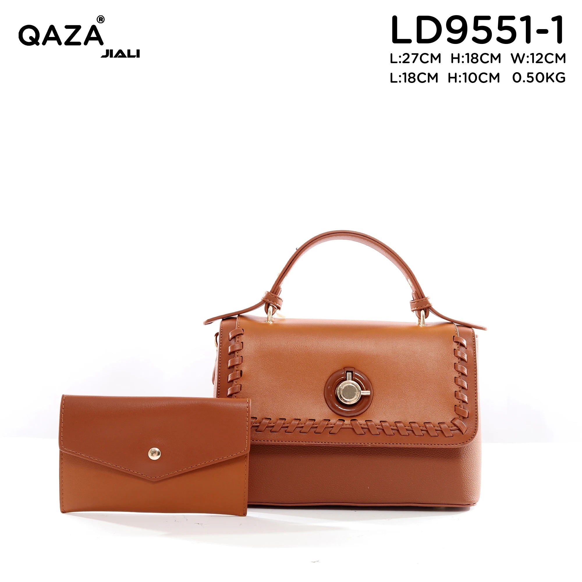 QAZA Women PU Leather Stitched Edge 2-in-1 Tote Shoulder Handbag Set