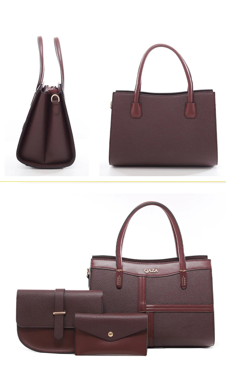 QAZA Women PU Leather Patchwork Color Block Tote Shoulder Handbag Set