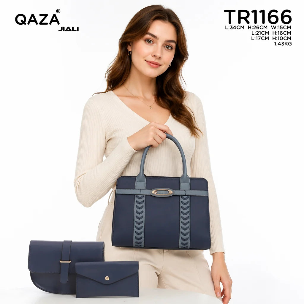 QAZA Women PU Leather 3-in-1 Large Capacity Tote Shoulder Handbag Set