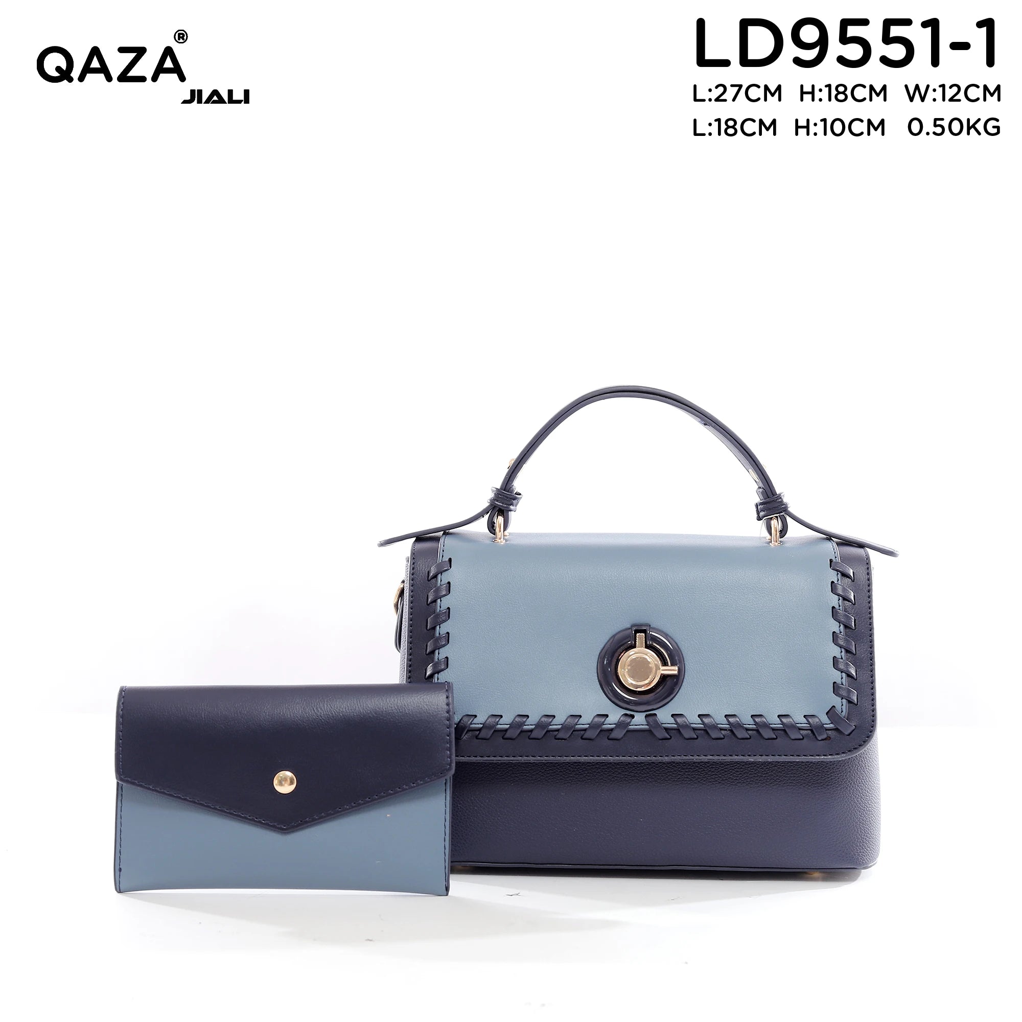 QAZA Women PU Leather Stitched Edge 2-in-1 Tote Shoulder Handbag Set