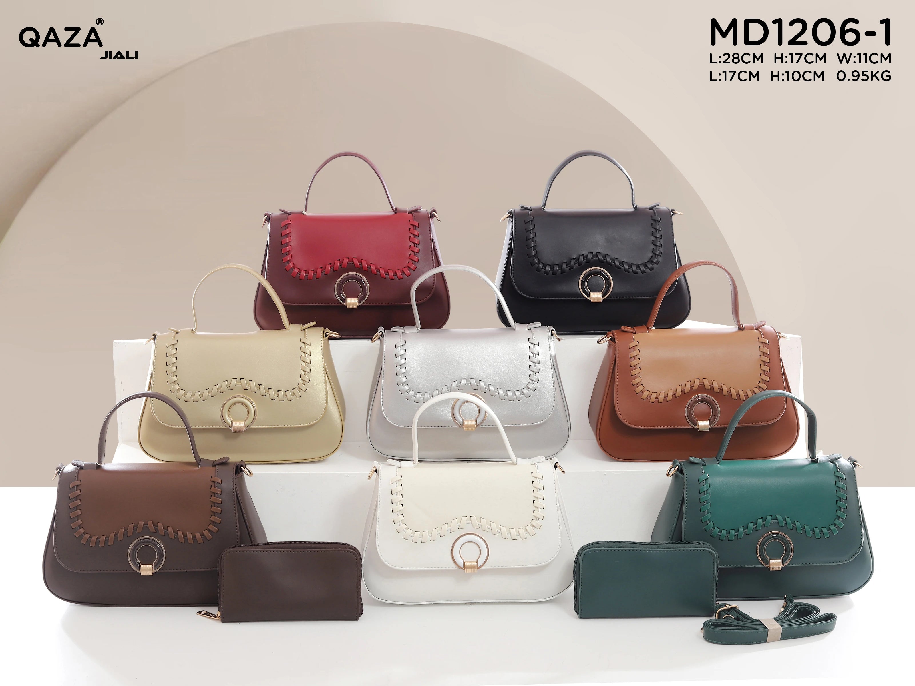 Women PU Leather Wave Whipstitch Flap Two-Tone Ring Lock Top Handle Crossbody Handbag Set