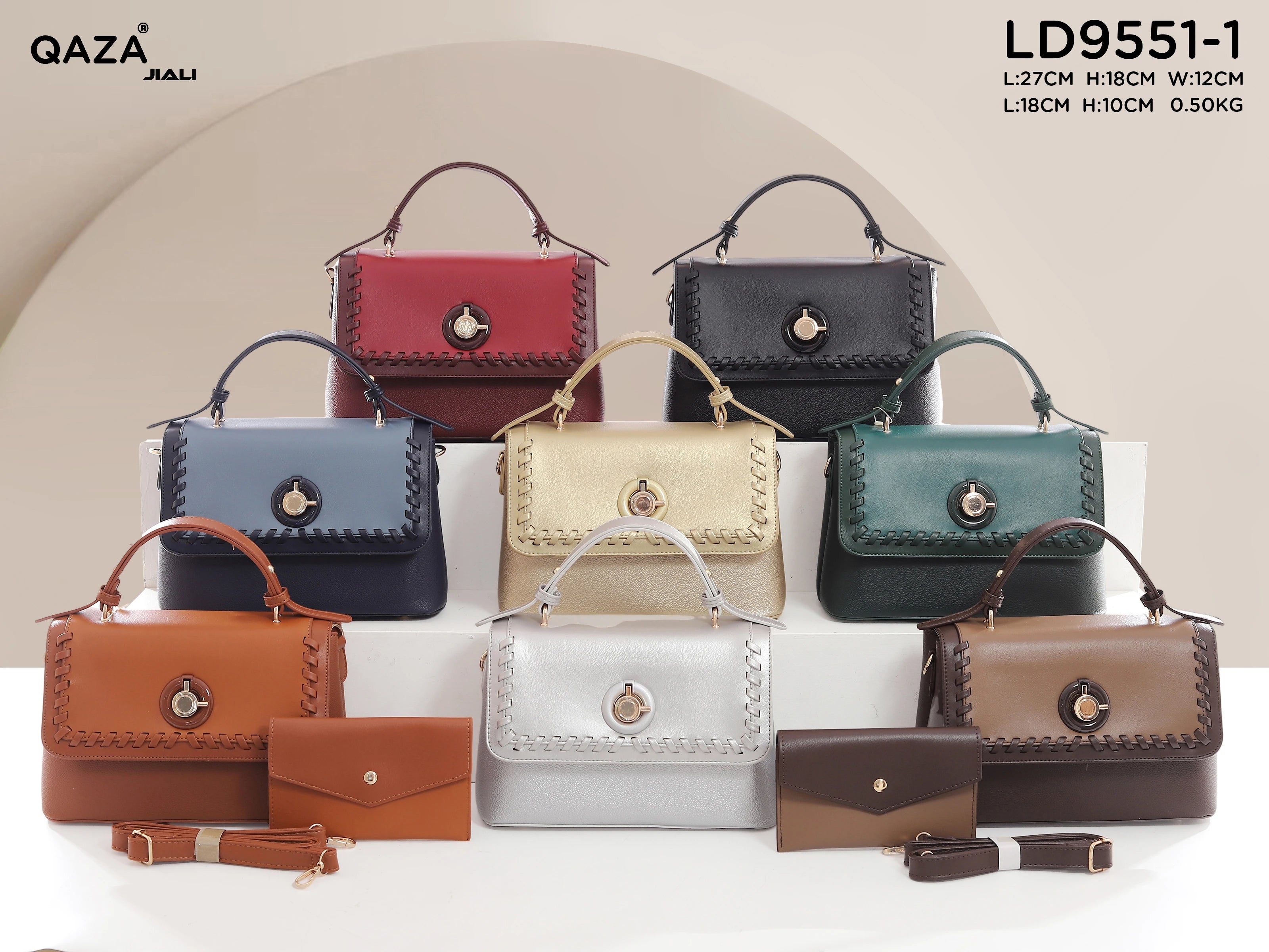 QAZA Women PU Leather Stitched Edge 2-in-1 Tote Shoulder Handbag Set