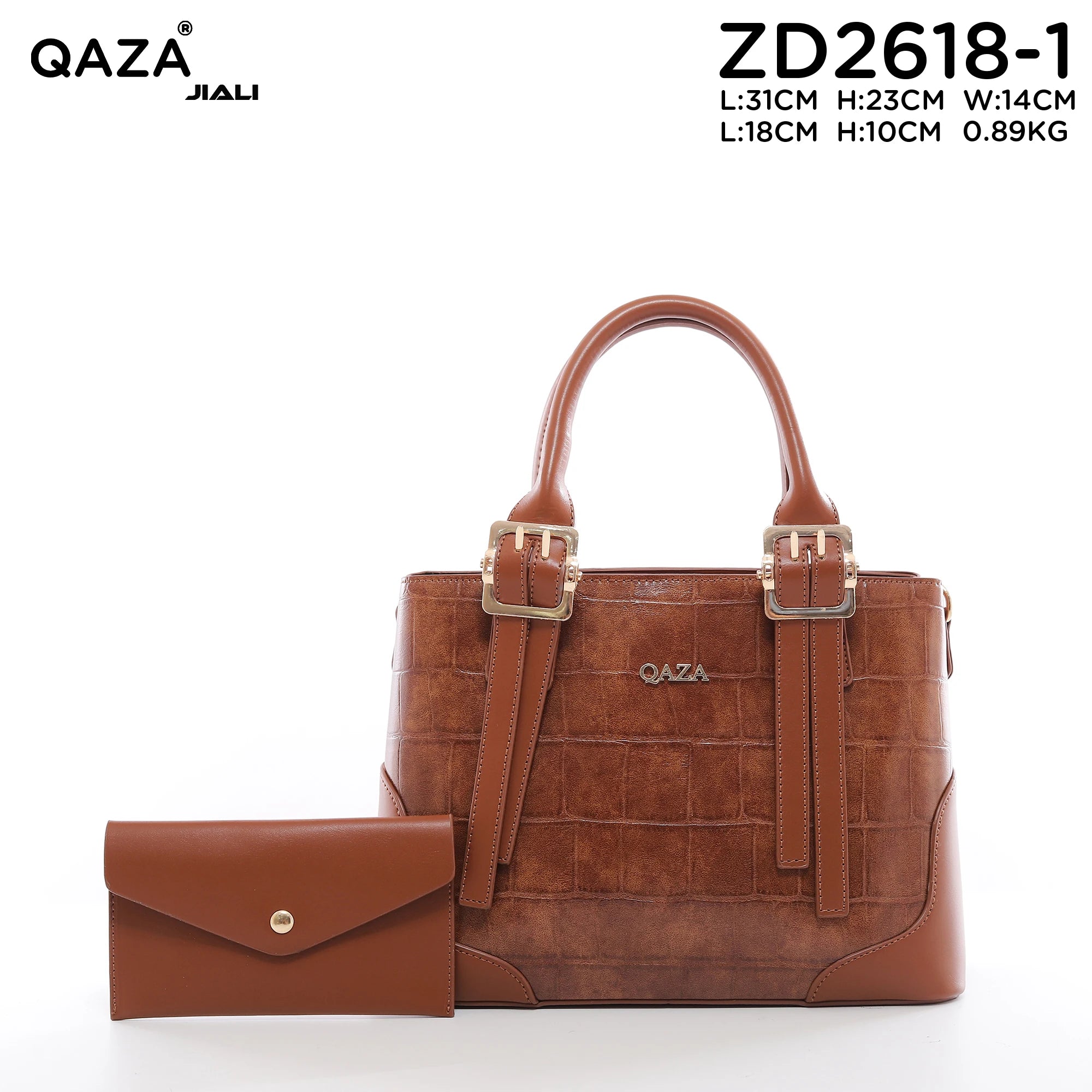 QAZA ZD2618-1 Women PU Crocodile Grain Leather Shoulder Bag Set With Long Wallet Vintage Gold Hardware Work Tote