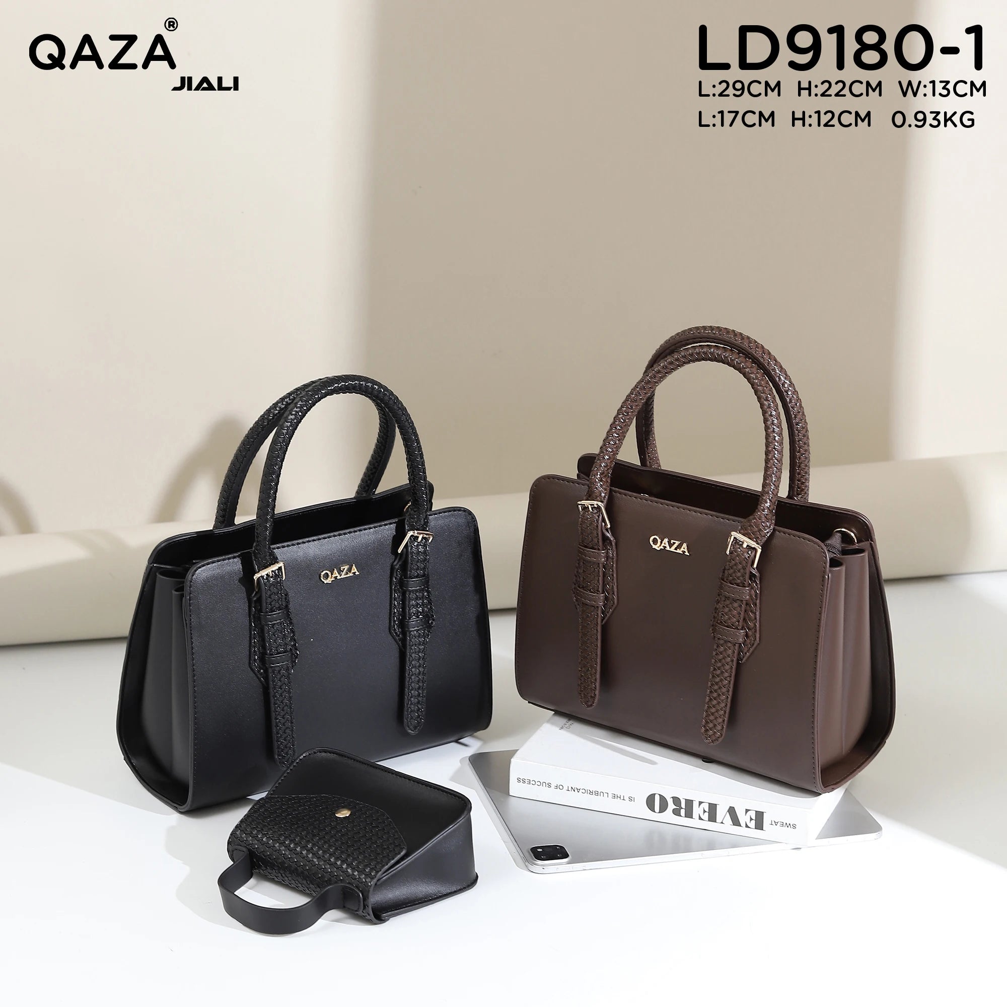 QAZA LD9180-1 Women PU Leather Woven Handle Top Handle Shoulder Bag with Coin Purse