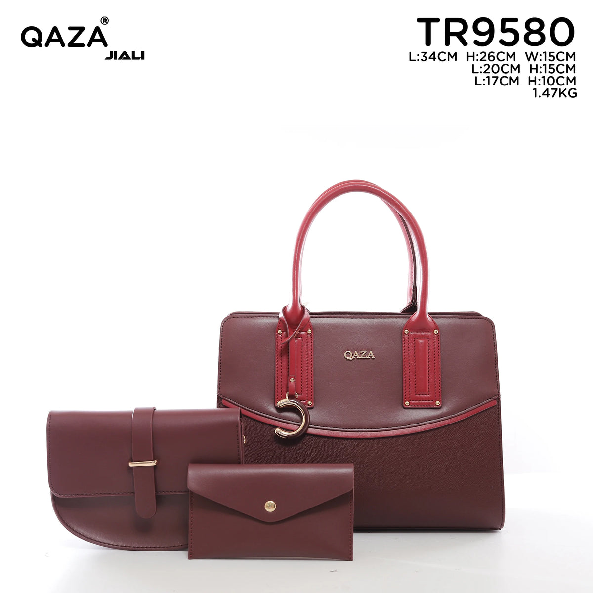 QAZA Women PU Leather 3-in-1 Color Block Tote Crossbody Purse Set