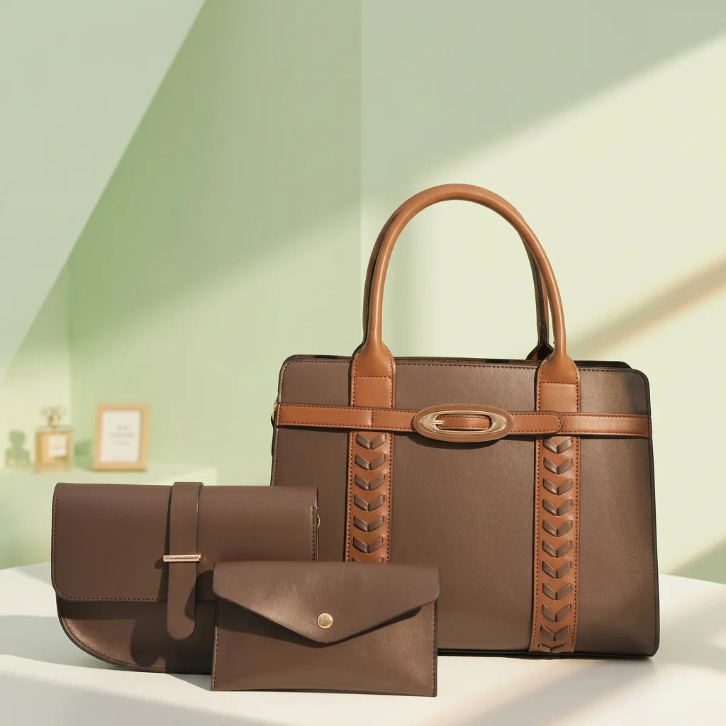 QAZA Women PU Leather 3-in-1 Large Capacity Tote Shoulder Handbag Set