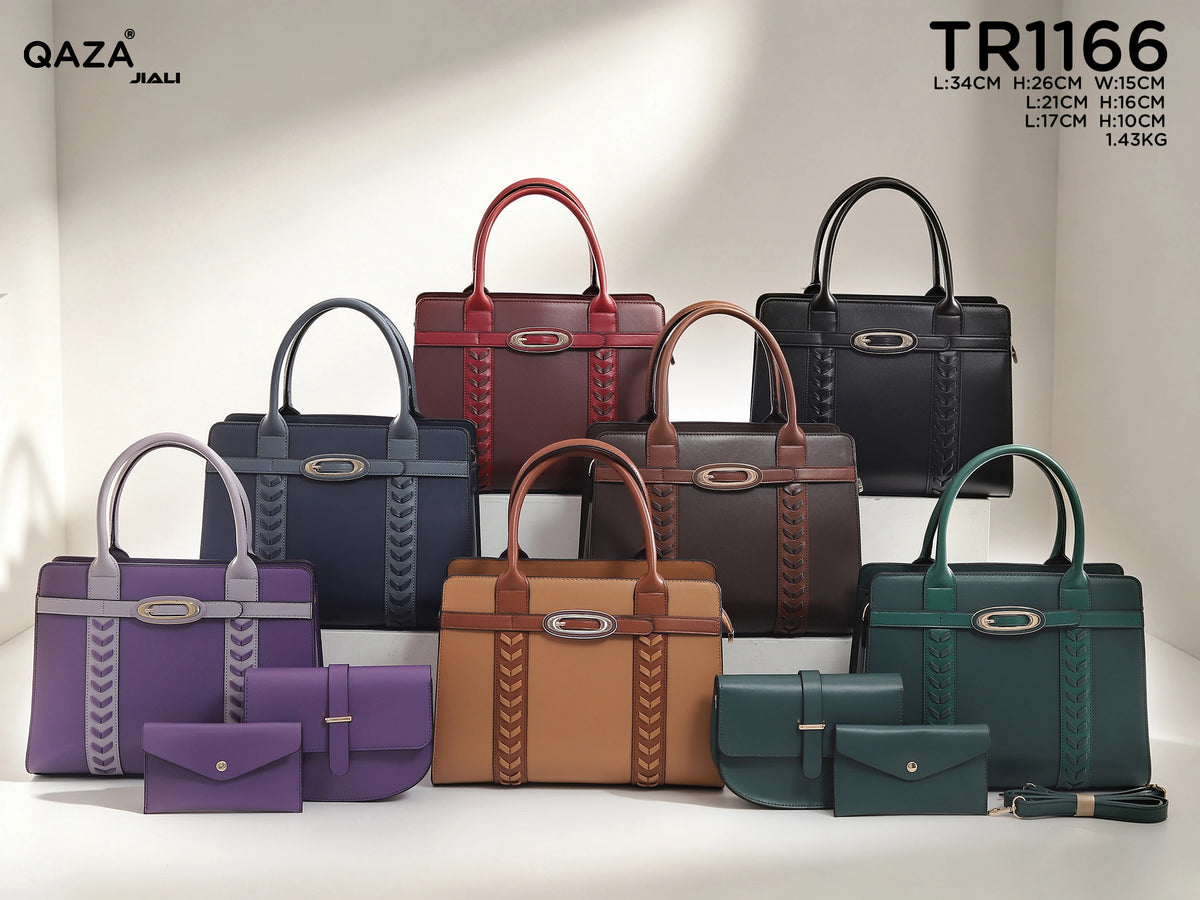QAZA Women PU Leather 3-in-1 Large Capacity Tote Shoulder Handbag Set
