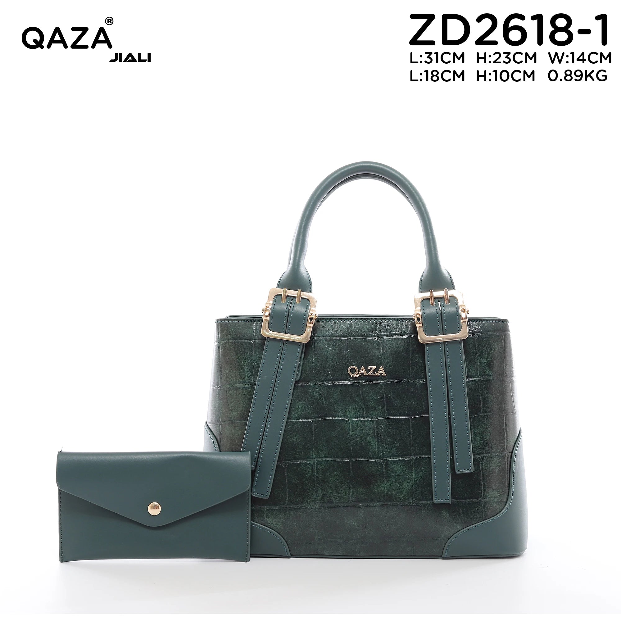 QAZA ZD2618-1 Women PU Crocodile Grain Leather Shoulder Bag Set With Long Wallet Vintage Gold Hardware Work Tote