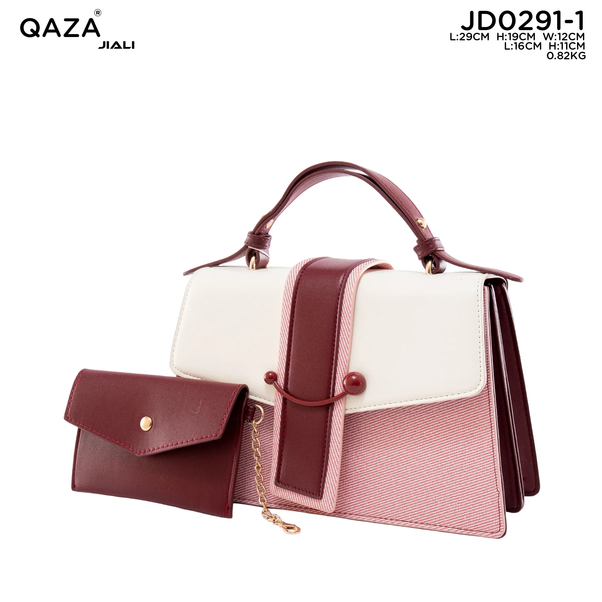 QAZA JD0291-1 Women PU Leather Flap Zip Handbag Set With Detachable Chain Strap