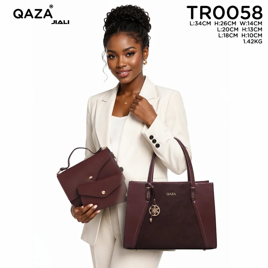 QAZA Women PU Leather 3-in-1 Contrast Color Tote Crossbody Purse Wallet Set
