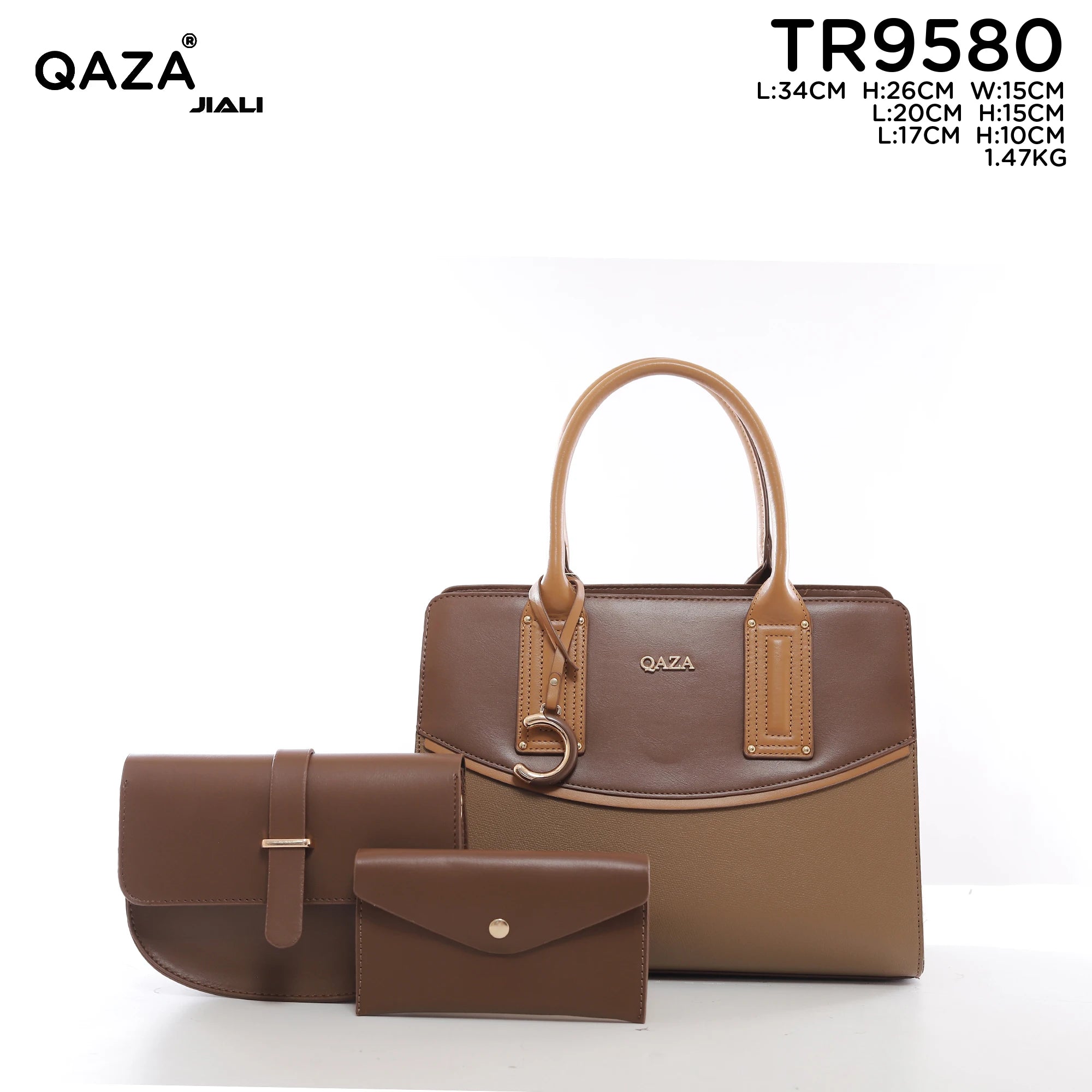QAZA Women PU Leather 3-in-1 Color Block Tote Crossbody Purse Set