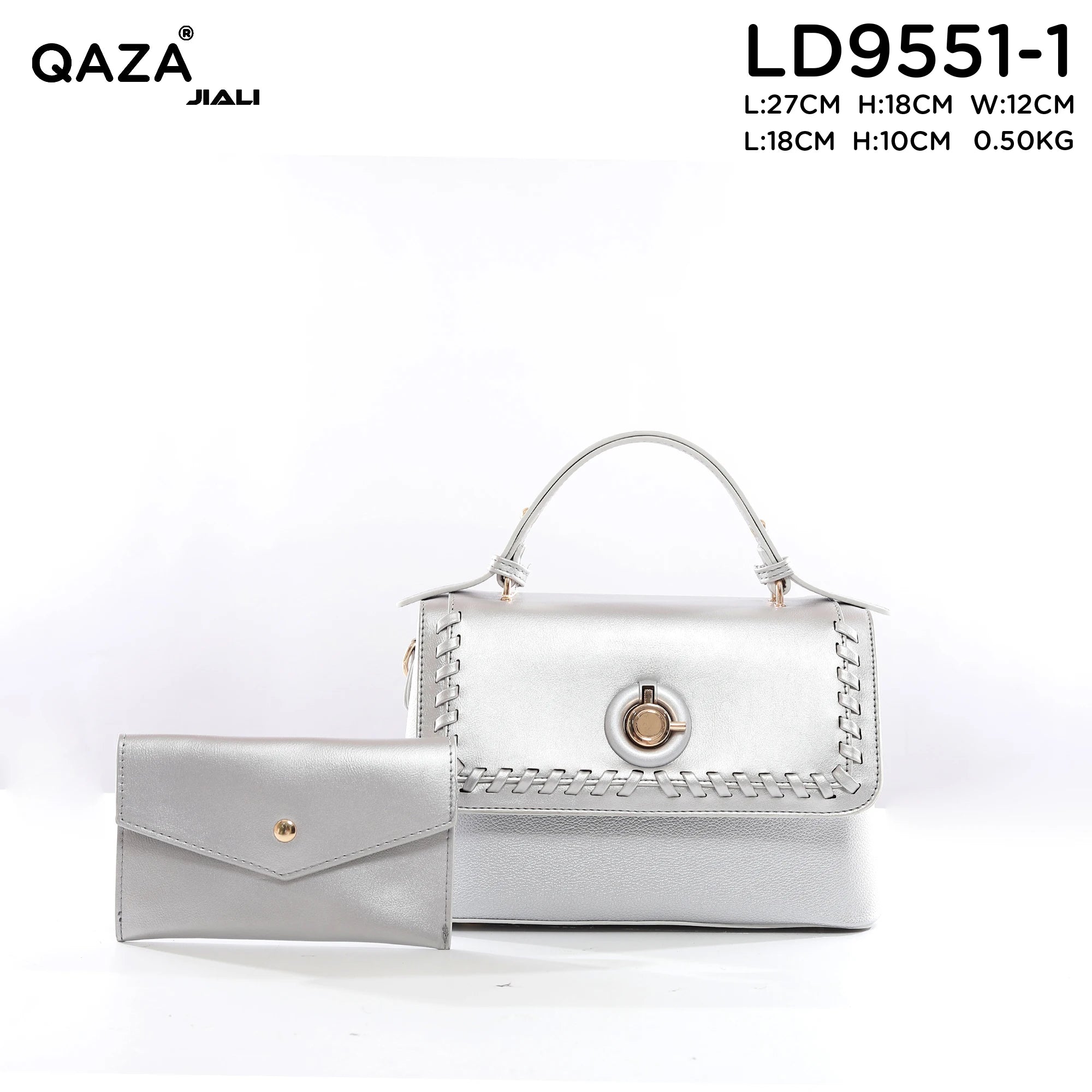 QAZA Women PU Leather Stitched Edge 2-in-1 Tote Shoulder Handbag Set