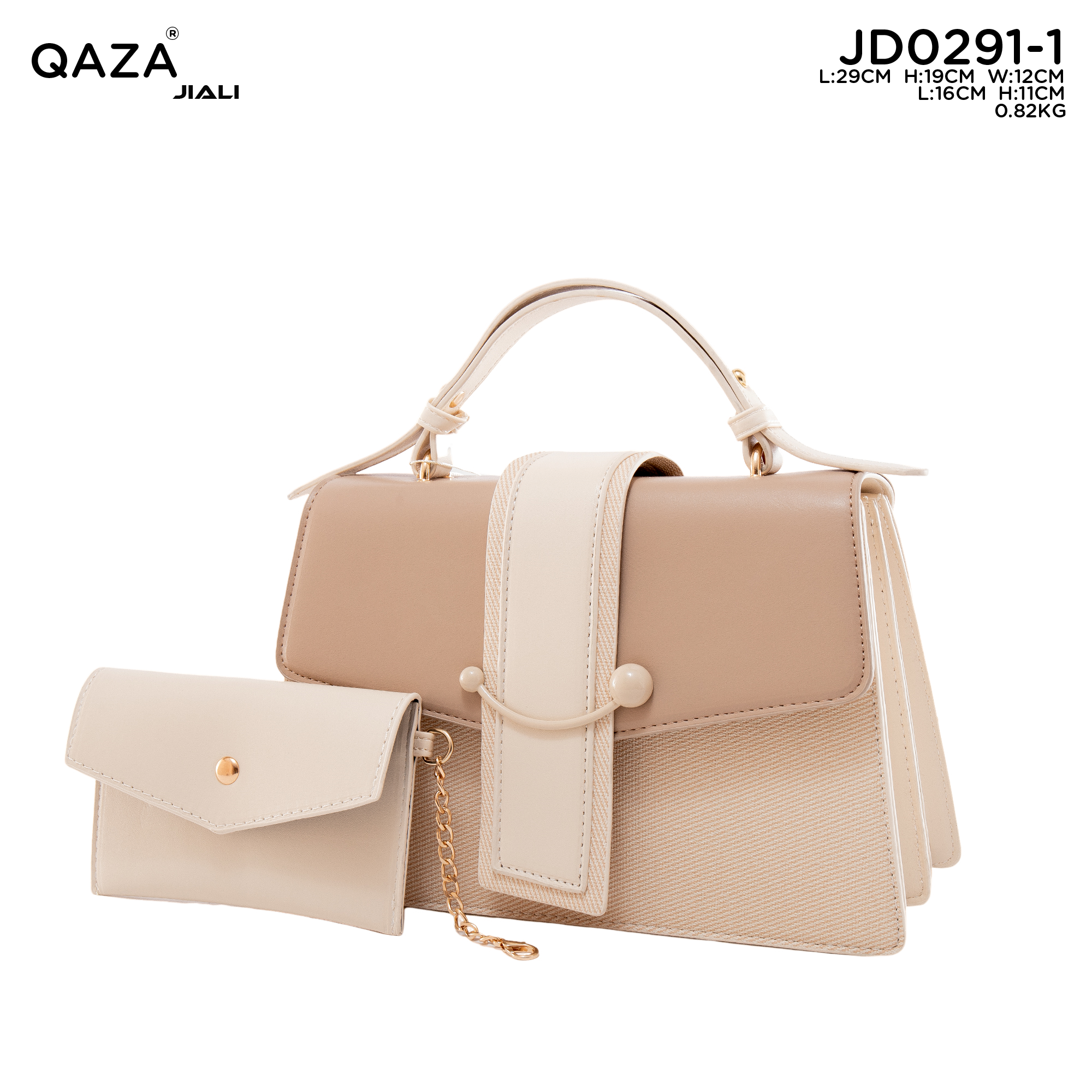 QAZA JD0291-1 Women PU Leather Flap Zip Handbag Set With Detachable Chain Strap