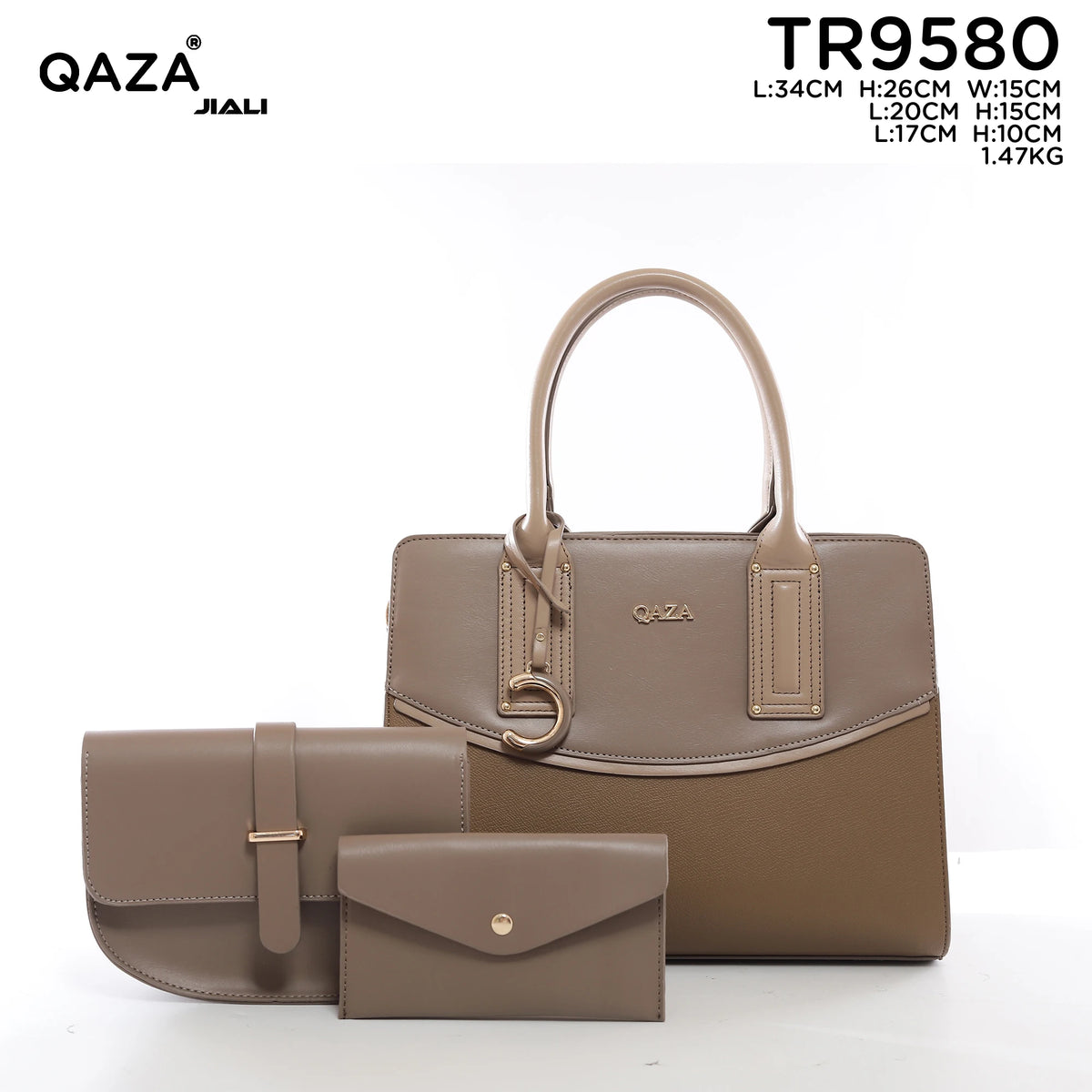 QAZA Women PU Leather 3-in-1 Color Block Tote Crossbody Purse Set