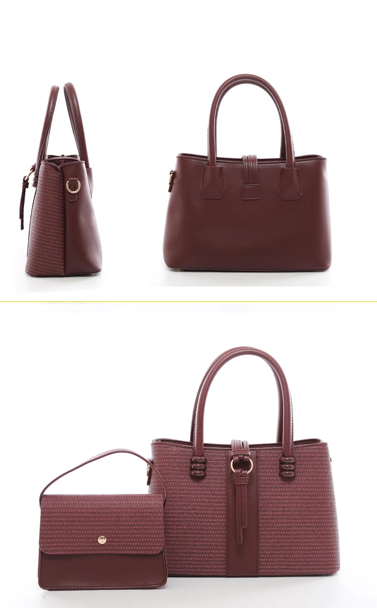 QAZA ED1503-1 Women PU Leather Knitted Style Tote Handbag Set