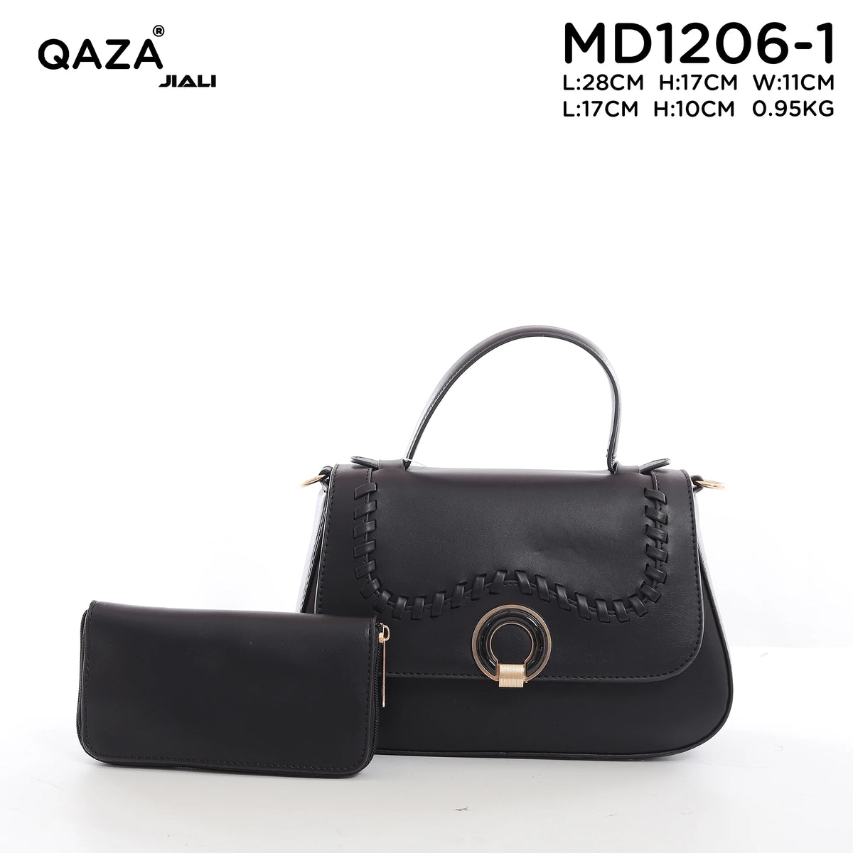 Women PU Leather Wave Whipstitch Flap Two-Tone Ring Lock Top Handle Crossbody Handbag Set