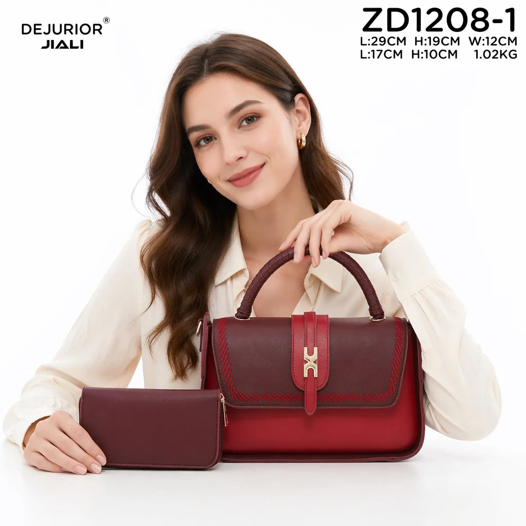 Women PU Leather Vintage Stitch Woven Handle Flip 2-in-1 Tote Work Bag
