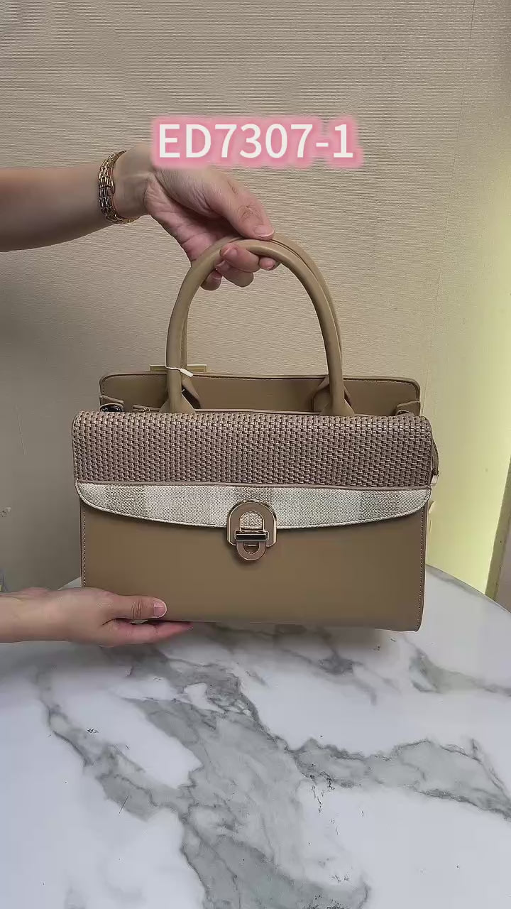 QAZA ED7307-1 Women PU Leather Woven Flap Tote Bag Set