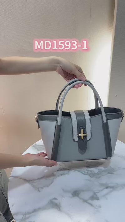 QAZA Women PU Leather Contrast Color 2-in-1 Tote Shoulder Handbag Set