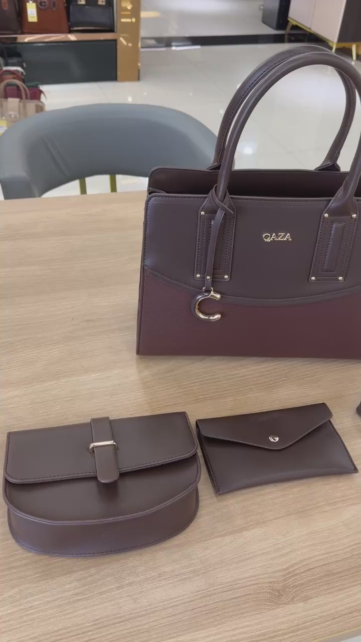 QAZA Women PU Leather 3-in-1 Color Block Tote Crossbody Purse Set