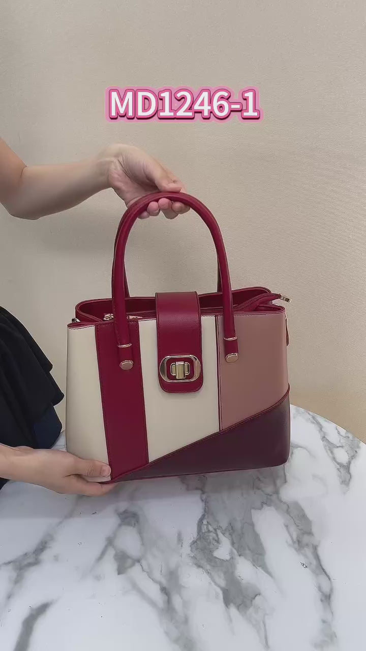 QAZA MD1246-1 Women PU Leather Color Block Tote Handbag Set