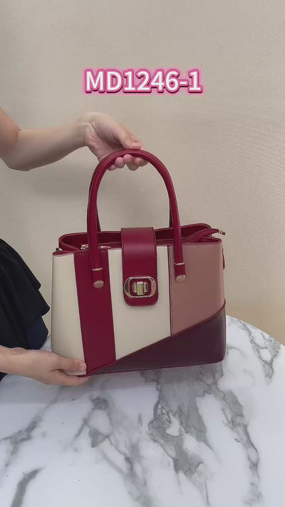 QAZA MD1246-1 Women PU Leather Color Block Tote Handbag Set